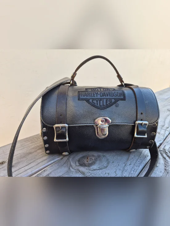 HARLEY-DAVIDSON VINTAGE BLACK LEATHER SADDLE HANDBAG - Picture 2 of 11